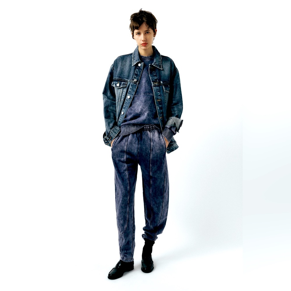 Zara TAPERED FIT WASHED EFFECT PLUSH PANTS color indigo size S